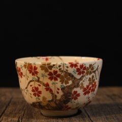 Chawan - Bát đánh matcha men rạn vẽ hoa đào (triện đáy)