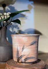 Cốc mộc tráng men hồng loang hoạ tiết lá tre