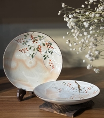 Đĩa mộc Kyoyaki size nhỡ vẽ hoa ( triện ký đáy )