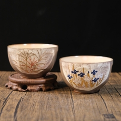 Cặp Chawan - Bát đánh matcha vẽ hoa lá ( triện đáy )