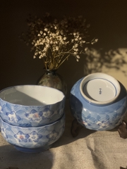 Set bát ăn cơm tráng men hoạ tiết hoa xanh 5c