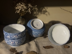 Set bát ăn cơm tráng men hoạ tiết hoa xanh 5c