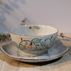 Set bát đĩa men xám vẽ hoa