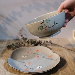 Set bát đĩa men xám vẽ hoa