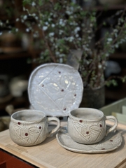 Set cốc mộc tráng men xám vẽ lá