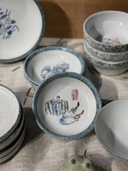 Bát men đá nông viền xanh mint