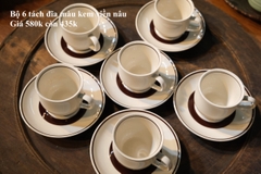 Set 6 tách đĩa màu kem viền nâu