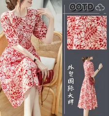 Mã B705: đầm váy thời trang thiết kế họa tiết đỏ cao cấp