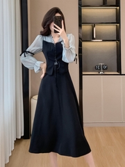 Mã B989: Đầm trà tay phồng cổ điển Pháp Hepburn khí chất thanh lịch cao cấp