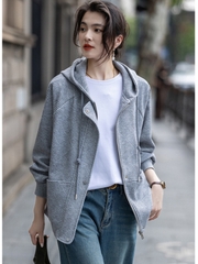 OC921: áo khoác nữ Họa Tiết Xám Mũ