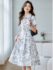 OD043: đầm nữ in hình dáng dài xòe nhẹ cổ bẻ