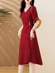 Mã B973: Đầm váy nữ cao cấp cổ chữ V ngắn tay dáng xòe đuôi cá thanh lịch