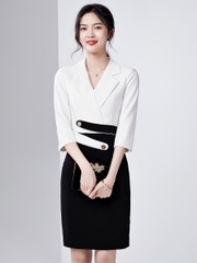 Mã C024: đầm công sở phối đen trắng cao cấp dài tay