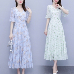 OD097: Đầm chữ A dài quá gối voan hoa ngắn tay cổ chữ V
