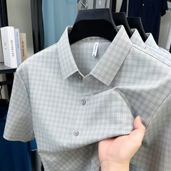 OE996: Áo sơ mi ngắn tay lụa tơ tằm Woodpecker dành cho nam, họa tiết kẻ caro