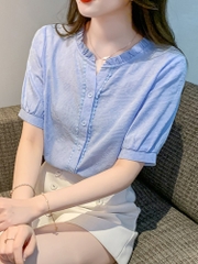 OD053: áo sơ mi nữ cotton phối ren tay ngắn