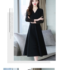 OD661: Đầm Nữ Xuân Thuváy dài qua gối Cổ Chữ V Màu Đen Thời Trang Cao Cấp
