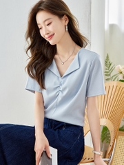 OE400: áo sơ mi nữ cổ chữ V cotton nguyên chất tay ngắn áo phông nữ