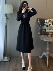 OD594: Váy đen nữ dáng dài quá gối cao cấp kiểu Hepburn phối ren
