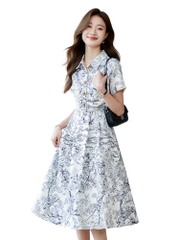 OD043: đầm nữ in hình dáng dài xòe nhẹ cổ bẻ