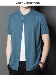 OE259: Áo sơ mi lụa lạnh tay ngắn cho nam cao cấp trung niên co giãn mịn áo sơ mi mùa hè sọc dọc jacquard giản dị mát mẻ
