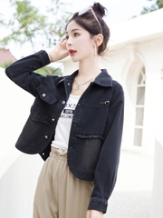 C190: Áo khoác denim nữ cao cấp màu đen phong cách Hồng Kông