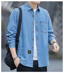 OE346: Áo khoác nam cao cấp sơ mi denim mới áo sơ mi dài tay