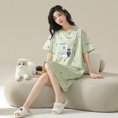 OE524: Váy ngủ nữ SPNN mùa hè cotton nguyên chất tay ngắn váy mỏng rộng rãi cỡ lớn