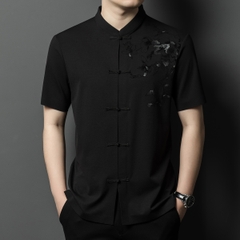 OD334: Áo sơ mi nam ngắn tay lụa mỏng cổ đứng in hình