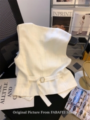 OD725: Áo vest cổ chữ v vải lanh màu trắng phong cách Old sơ mi nữ