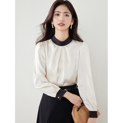 OE396: Áo sơ mi vải satin chiffon cổ đứng phối màu kiểu Pháp nữ