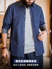 OH085: Áo sơ mi denim Madden American Retro Workwear một túi, màu xanh denim, tay dài