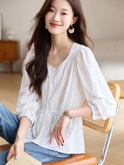 OE402: Áo sơ mi cotton thêu cổ vuông màu trắng cho nữ