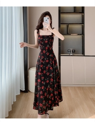 OD682: váy voan in hoa hồng thanh lịch Pháp váy dài