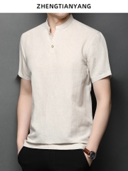 OE242: Áo thun nam cao cấp tay ngắn cổ đứng mùa hè vải lanh cotton