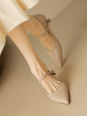 OC030: Giày da thật nữ Mary Jane một nút phong cách cổ điển Pháp giày mũi nhọn cao gót 4cm