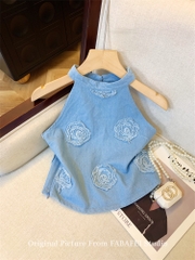 OD731: Áo sơ mi nữ vest denim thêu hoa hồng phong cách retro