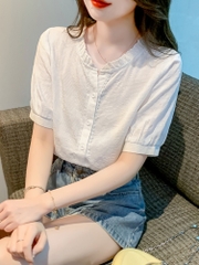 OD053: áo sơ mi nữ cotton phối ren tay ngắn