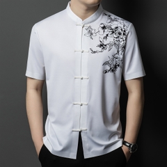 OD334: Áo sơ mi nam ngắn tay lụa mỏng cổ đứng in hình