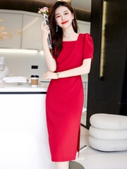 OD620: Váy dài cổ vuông eo thon váy xẻ tà thanh lịch