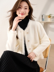 OD822: Áo khoác nữ khoác ngoài nhung chồn cardigan ngắn cao cấp phong cách
