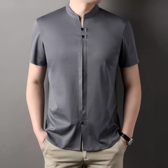 OH029: Áo thun nam tay ngắn mỏng kiểu Trung Quốc, cổ đứng, cài khuy, chất liệu cotton