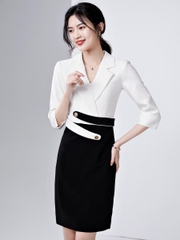 Mã C024: đầm công sở phối đen trắng cao cấp dài tay