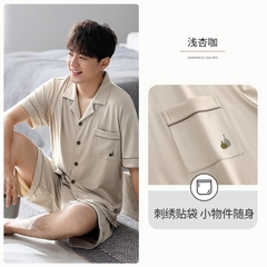 OE485: Bộ đồ ngủ nam SPNN mùa hè modal quần short tay ngắn quần áo mặc nhà mùa hè lụa băng mỏng sọc cỡ lớn
