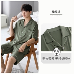 OE485: Bộ đồ ngủ nam SPNN mùa hè modal quần short tay ngắn quần áo mặc nhà mùa hè lụa băng mỏng sọc cỡ lớn