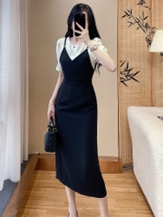 OE914: Váy đen tay ngắn mùa hè mới cho nữ