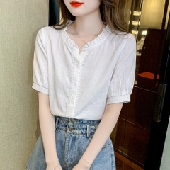 OD053: áo sơ mi nữ cotton phối ren tay ngắn