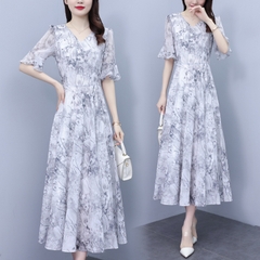 OD097: Đầm chữ A dài quá gối voan hoa ngắn tay cổ chữ V