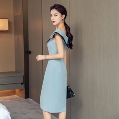 OD215: đầm thiết kế màu xanh viền cổ đen