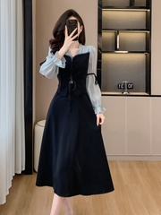 Mã B989: Đầm trà tay phồng cổ điển Pháp Hepburn khí chất thanh lịch cao cấp